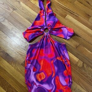 Vibrant Purple and Red Mini Dress with halter and back tie and ring cutout